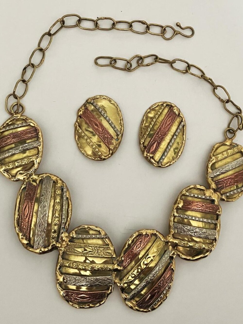 Handcrafted Mexican Artisan Mixed Metal Bib Choker Necklace & Earrings – Signed - Picture 4 of 4